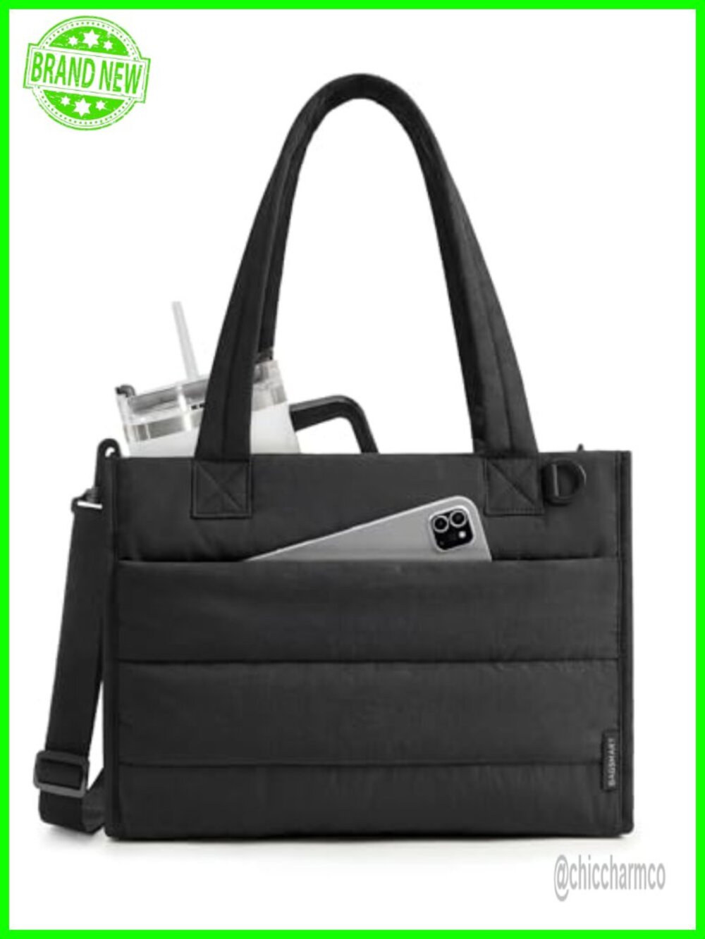 Small Quilted Puffer Tote Bag with Zipper Closure and Crossbody Strap